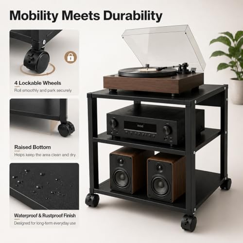 3-Tier AV Media Stand, Audio-Video Media Stand with Wheels, Corner Shelf for Record Player Audio Rack Tower for Speakers & Multimedia Equipment
