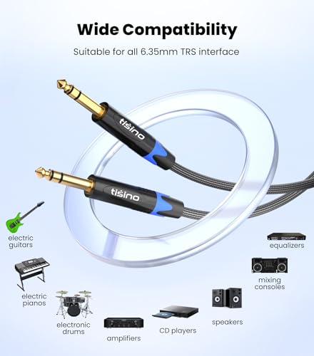 Tisino 1/4 inch TRS Cable, Quarter inch 1/4 TRS to TRS Balanced Stereo Audio Cable Male to Male Pro Interconnect Cable, Nylon Braid - 10 FT | 1/4 Inch Male to Male Instrument Cable for Studio Monitors, Mixers, Guitar, Gold-Plated Nylon-Braid Audio Patch C