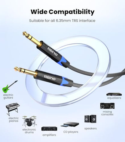 Tisino 1/4 inch TRS Cable, Quarter inch 1/4 TRS to TRS Balanced Stereo Audio Cable Male to Male Pro Interconnect Cable, Nylon Braid - 10 FT | 1/4 Inch Male to Male Instrument Cable for Studio Monitors, Mixers, Guitar, Gold-Plated Nylon-Braid Audio Patch C