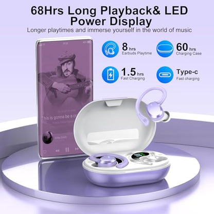 Wireless Earbuds, Bluetooth Earbuds, Bluetooth 5.4 Headphones 68hrs Playtime Sport Earphones with LED Display ENC Noise Cancelling Mic, IPX7 Waterproof Over Ear Ear Buds with Hook for Gym/Workout - color: Dreamy Purple