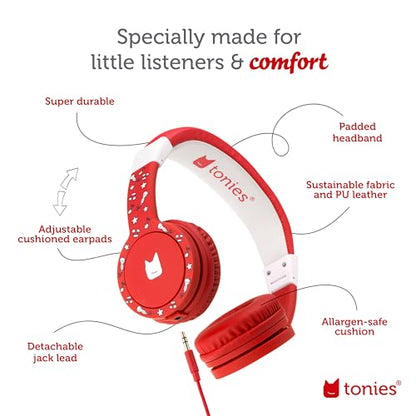 Tonies Foldable Wired Headphones for Kids - Comfortably Designed to fit On-Ear - Works with Toniebox 1 and All 3.5mm Devices - Red - color: Red
