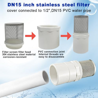 1/2" Stainless Steel Filter Cover Connected to 1/2" PVC DN15 Water Pipe, Suction Strainer Used to Remove Debris and Reduce Solid Entry - size: 1/2"DN15