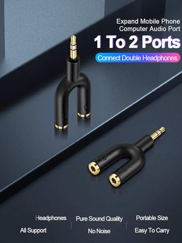Headphone Splitter Adapter, 3.5mm Male to 2 Port Female Y Jack Splitter Adaptor Compatible with Headset, Earphone, iPhone, Tablets, MP3 Players, Black - size: 1 Pack, style: Splitter Adapter