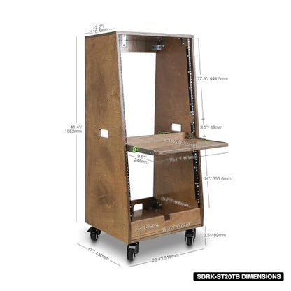 Sound Town DIY Slanted 20U Studio Rack (12U Top + 8U Lower), with 2U Bottom Storage, Slide-Out Tray, Caster, Plywood, Weathered Brown for Recording Room, Home Studio (SDRK-ST20TB) - size: 20U(12U Top + 8U Lower),Weathered Brown