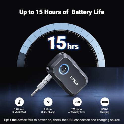 UGREEN Bluetooth 5.4 Car Adapter, Hands-Free Call & Noise Cancelling AUX to Bluetooth Adapter for Car, 3.5mm Audio Blue-Tooth Receiver for Cars Stereo Home Speaker - 15H Battery Life - color: Black