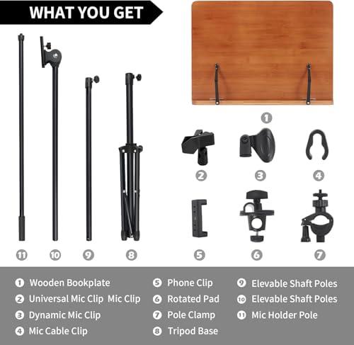 3-in-1 Sheet Music Stand with Phone and Microphone Holder, Brown Wooden , Folding Desktop Book Stand Liftted Metal Support Adjustable Design