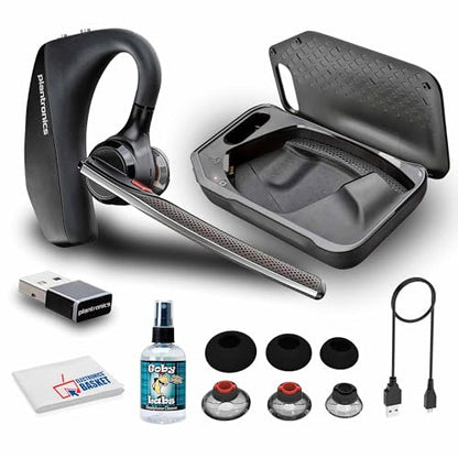 Poly Voyager 5200 UC Bluetooth Headset 7K2F3AA Bundle with Goby Labs Cleaner, Fiber Cloth, Ear Tips, Case, Cable | For Calls, Meetings & Communication | Includes Case + Cleaner + Microfiber Cloth + Charging Cable (7K2F3AA)