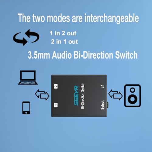 SGEYR Audio Switcher 3.5mm Bi-Direction Switch 2-in-1 Out/ 1-in-2 Out Audio Stereo Mixer Mini Sound Mixer for PC Versatile Connectivity