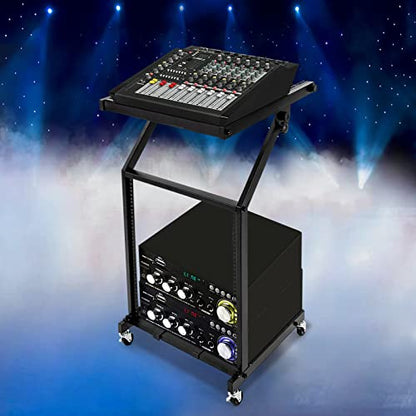 DJ Table Stand, 12U DJ Booth, Adjustable 41.8-50.1in 2-Layer Iron DJ Stand with Lockable Wheels for Mixers & Amplifiers
