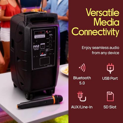 Pyle PSBT105A - 1000W Portable Bluetooth PA Speaker, 10'' Subwoofer, UHF Wireless Mic, MP3/USB/SD, Rechargeable Battery, LED Battery Indicator Lights, Black - size: 10 inches