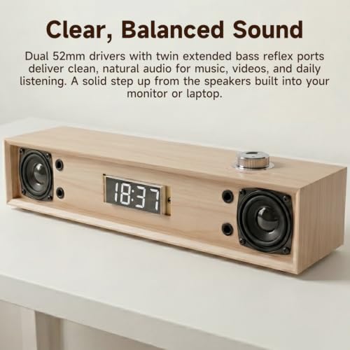 Sanyun SW012 Desktop PC Soundbar, USB-C for Power and Audio & Bluetooth 5.4 | Music & Conference Modes, MDF Wood Cabinet with Clock Display, Built-in 16bit DAC, Clear balanced sound, Plug and Play, White - color: White
