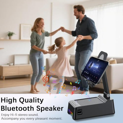 Wireless Induction Speaker 5-in-1 Bluetooth Speaker with Phone Stand, Father's Day Present, Stereo Sound 8 RGB Ambient Light, 360° Rotation Adjustable Desktop Stand for iOS Android - color: Black