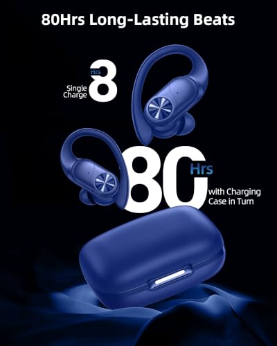 PocBuds Bluetooth Headphones Wireless Earbuds 80hrs Playtime Wireless Charging Case Digital Display Sports Ear Buds with Earhook Deep Bass IPX7 Waterproof Over-Ear Earphones for TV Phone Laptop Navy - color: Navy, style: Standard