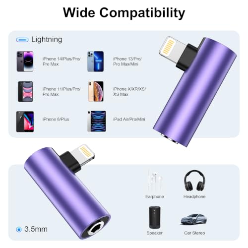 2Pack [Apple MFi Certified] Lightning to 3.5 mm Headphone Jack Adapter Compatible for iPhone 14 13 12 11 Pro XR XS Max X 8 7 6,iPhone Headphones Adapter Aux to Lightning Cable Audio Dongle Right Angle - color: Purple