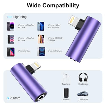 2Pack [Apple MFi Certified] Lightning to 3.5 mm Headphone Jack Adapter Compatible for iPhone 14 13 12 11 Pro XR XS Max X 8 7 6,iPhone Headphones Adapter Aux to Lightning Cable Audio Dongle Right Angle - color: Purple