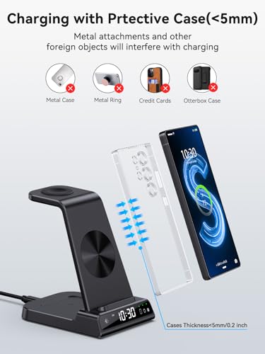 Wireless Charger for Samsung S25 with Clock 3 in 1 Android Charging Station | Charging Station for Galaxy S25 Ultra,Z Flip 7,Fold,Galaxy Bud,Watch Charger for Galaxy Watch 8,7,6,5Pro, Nightstand Charger - color: Black