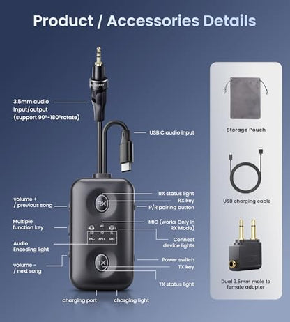 Bluetooth 5.4 Transmitter Receiver, Upgraded 180° Rotatable 3.5mm Aux/USB-C Adapter for Airplane, TV, PS5, Phone, Qualcomm aptX Adaptive Low Latency for Dual AirPods/Headphones (3 in 1) - size: 3x1