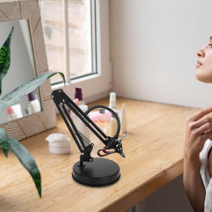 Adjustable Microphone Desk Stand with Stable Arm Supports and 3/8" Thread, Metal and Plastic Low Profile Mic Table Stand for Recording and Voice Recognition