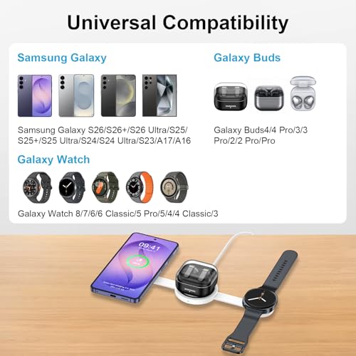 Galaxy S26 3 in 1 Wireless Charger Station, Foldable Fast Charging Pad for Samsung S25 Ultra S24 - color: Wireless Charger White