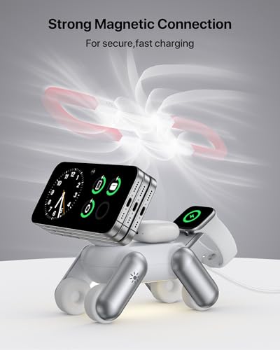 UEQ 3 in 1 Wireless Charging Station for Apple Devices,Foldable Cute Magnetic Mag-Safe Wireless Charger Stand with Night Light for iPhone 17 Air 16 15 14 13 12 Series,AirPods 4 3 2 Pro,Apple Watch - color: White