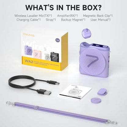 7RYMS WA2 Wireless Voice Amplifier for Teachers with Magnetic Lavalier Mic, Wireless Portable Amplifier with Noise Canceling, Mini Voice Amplifier for Classroom, Meeting, Training, Speech (Purple) - color: Purple