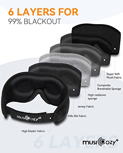 MUSICOZY 3D Sleep Headphones Bluetooth 5.4 Sleep Mask with HD Speakers | Soft Velvet Cotton Fabric, Blackout Design, Side Sleeper Comfort, Washable Style, 14 Hours Playtime, Travel Meditation Gifts - color: Deep Black