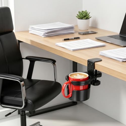 Desk Cup Holder Clamp, Anti-Spill Clip On Table Cup Holder Rotatable | Water Bottle Stand Drink Coffee Mug Storage, Office Accessories for Home and School (Black) - color: Black