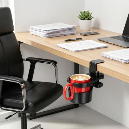 Desk Cup Holder Clamp, Anti-Spill Clip On Table Cup Holder Rotatable | Water Bottle Stand Drink Coffee Mug Storage, Office Accessories for Home and School (Black) - color: Black