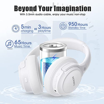 BERIBES Bluetooth Headphones Over Ear Wireless HiFi Stereo Headsets 65H 6EQ | Bluetooth 6.0,with Built-in HD Mic,Foldable Lightweight,Comfort Fit,Fast Charging,Deep Bass for Home Office Cellphone PC Ect. - color: White