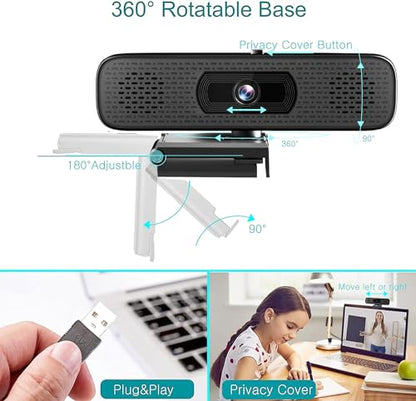 3-in-1 2K Webcam with Dual Speakers & 4 Noise-Canceling Mics, USB Plug & Play Computer Camera with Privacy Cover for Zoom Meeting Online Teaching Video Calling