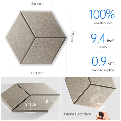 12 Pack Self-Adhesive Acoustic Panels 12" X 10" X 0.4" - Sound Proof Foam Panels with High Density, Y-Lined Design, Flame Resistant, Absorb Noise and Eliminate Echoes(Camel) - color: Camel, size: Y-Cut Hexagon 12 Pack