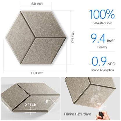 12 Pack Self-Adhesive Acoustic Panels 12" X 10" X 0.4" - Sound Proof Foam Panels with High Density, Y-Lined Design, Flame Resistant, Absorb Noise and Eliminate Echoes(Camel) - color: Camel, size: Y-Cut Hexagon 12 Pack