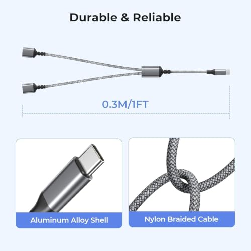 Basesailor USB C Male to Dual USB Female Cable 1FT,No Splitter,OTG Adapter - color: Gray, size: 1FT(0.3M), style: 1 in 2 out