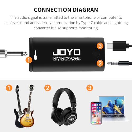 JOYO Guitar Audio Interface for Phone, Direct Monitoring with 6.35mm Input & 3.5mm Headphone Out, USB-C & Lightning Plug & Play, Portable Pocket Size (MOMIX CAB)