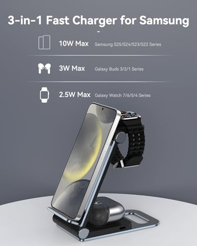 Wireless Charger for Samsung 3 in 1 Wireless Charging Station S/Z/Note | Foldable Stand for Galaxy S26 S25 Ultra Plus FE S24 S23 S22 S21 S20 Z Flip/Fold Note, Galaxy Watch 9/8/7/6/5/4/3, Galaxy Buds - color: Elegant Black