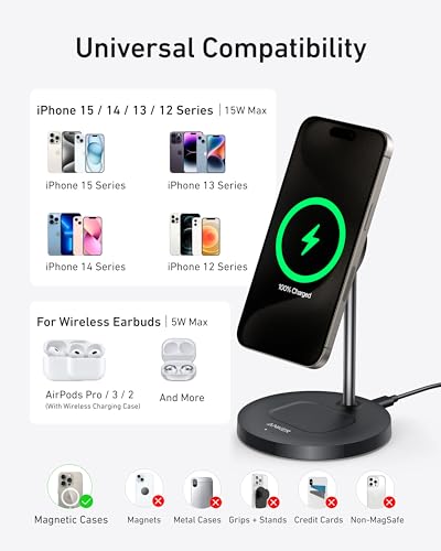 Anker MagGo 2-in-1 MagSafe Compatible Qi2 15W Wireless Charging Stand | Qi2 Certified, Fast Charging, Wireless Charger for iPhone 17, AirPods Pro, and More - color: Black