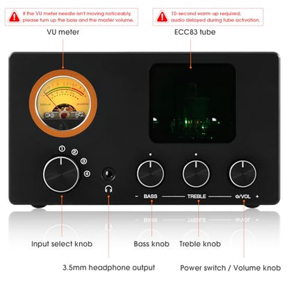 Douk Audio Vacuum Tube Preamp: Headphone Amp with VU Meter, 4-Way RCA Selector Switch Box, Preamplifier with Tone Control for Receivers, Amplifiers, Speakers, 16-600Ω Headphones (TUBE-T5C)