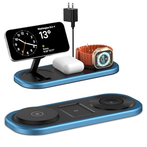 3 in 1 Fast Wireless Charger Stand for iPhone, Foldable Travel Charging Station for Magsafe for iPhone 17/Air/16/15/14/13/12 Series, Apple Watch Series, AirPods pro/2/3/4, 2025 Christ mas Gifts (Blue) - color: Blue