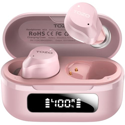 TOZO NC9 Hybrid Active Noise Cancelling Wireless Earbuds, 60H, LED Display | 6 Mic ENC Clear Calls, Deep Bass Sound, IPX8, in Ear Bluetooth 5.3 Headphones,32 EQs via APP, Comfort Fit Ear Buds, Pink - color: Pink