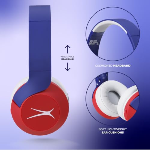 Altec Lansing Kid Safe Noise Cancelling Wireless Headphones 15H Battery, 85dB Volume Limit, Foldable Design Powerful Sound, Active Noise Cancellation Perfect for Kids Ages 7+ - color: Navy Blue Red