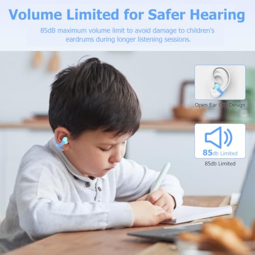 iDIGMALL Kids Wireless Earbuds, Open Ear Clip On Headphones for Teen, Blue | 85dB Volume Limit, 20 Hours Charging Case, Bluetooth 5.4, Built-in Mic, For Teens Child Girls Boys Home School Travel Sports - color: Blue