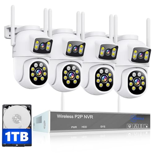 MOVOLS Wireless Security Camera System 5G/2.4G WiFi 4pcs 4MP+4MP Dual Lens Camera System,2K HD PTZ Dome Cameras System with Color Night Version, Motion Detection,1TB HDD, 16CH - style: 4 x Dual Cameras Kit 1TB 16CH White