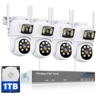 MOVOLS Wireless Security Camera System 5G/2.4G WiFi 4pcs 4MP+4MP Dual Lens Camera System,2K HD PTZ Dome Cameras System with Color Night Version, Motion Detection,1TB HDD, 16CH - style: 4 x Dual Cameras Kit 1TB 16CH White