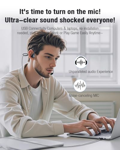 USB Headset with Mic for PC-Laptop,Open Ear Headphones Design for Long Wear, Computer Headset with Call Noise Reduction Premium Stereo Sound for Call Center, MS Teams, Skype, Webinars and More (Black)