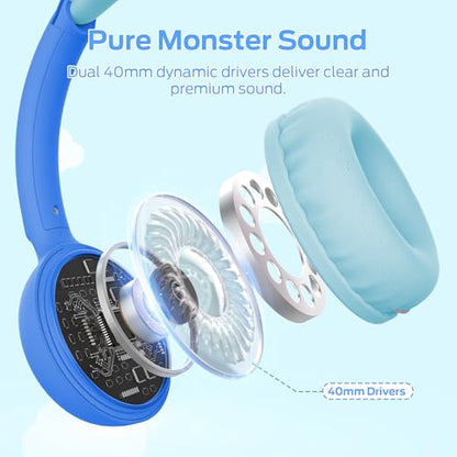 Monster Cute SK100 Kids Bluetooth Headphones, 85/94dB Safe Volume Limited, 60 Hours Playtime, Bluetooth 6.0, On-Ear Toddler Headsets with Built-in Mic, Lightweight Wireless Headphones for Kids, Blue