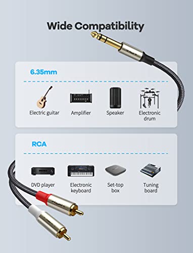 VIOY 1/4 to RCA Cable 15FT, 6.35mm TRS Male to Dual RCA Male Y-Splitter | Copper shell, dual shielding lossless Hi-Fi sound,braided bidirectional transmission for amplifier, mixer, home theater - color: Champagne gold, size: 15FT