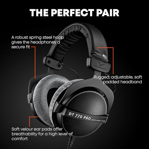 beyerdynamic DT 770 PRO, 32 Ohm, Closed Back, Over Ear, Wired Professional Studio Headphones, Mobile Recording, Podcast, Gaming, 1.6m Straight Cable, Black with Limited Edition Gray Velour Ear Pads | Closed Back, Over Ear, Wired Professional Headphones, M