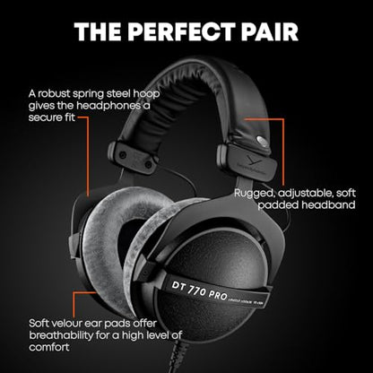 beyerdynamic DT 770 PRO, 32 Ohm, Closed Back, Over Ear, Wired Professional Studio Headphones, Mobile Recording, Podcast, Gaming, 1.6m Straight Cable, Black with Limited Edition Gray Velour Ear Pads | Closed Back, Over Ear, Wired Professional Headphones, M