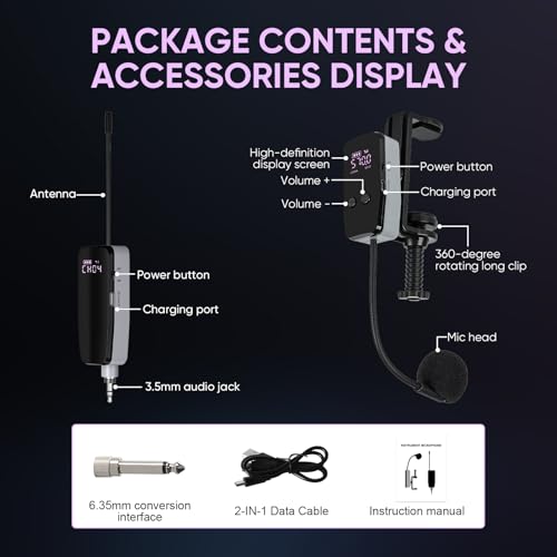 UHF Wireless Violin Microphone System, Rechargeable Clip-on Instrument Microphones with Transmitter and Receiver for Musicians, Teachers, Stage Performances, Active PA Systems - 98ft Range