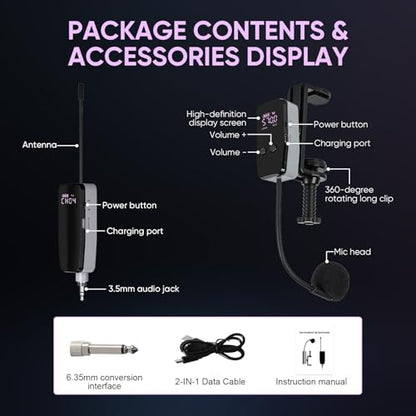 UHF Wireless Violin Microphone System, Rechargeable Clip-on Instrument Microphones with Transmitter and Receiver for Musicians, Teachers, Stage Performances, Active PA Systems - 98ft Range